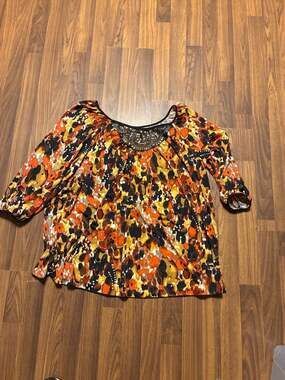 New Directions Woman Floral Print Blouse with Embellished Neckline, Plus Size 2X